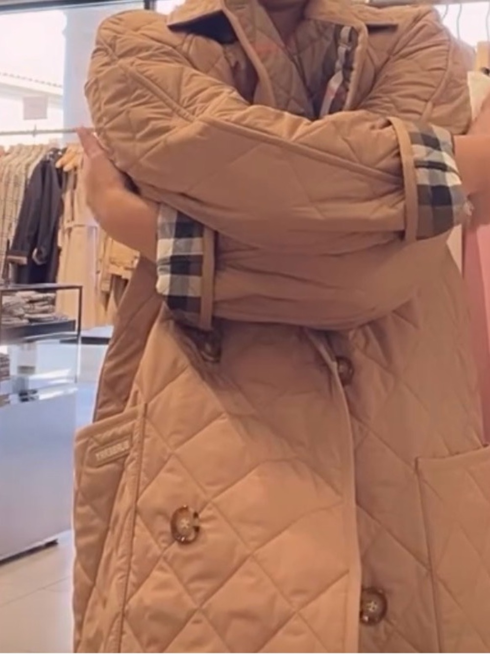 Burberry Quilted Camel Trench Coat with Signature Check Cuffs